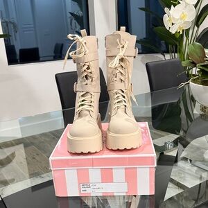 Beige Lace-Up Women's Boots